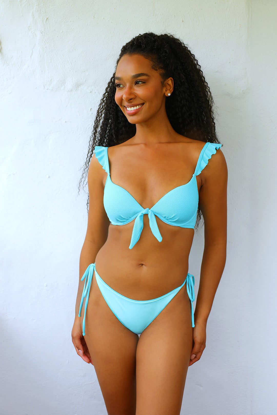 Azure Cheeky Ruched Bikini Bottom - Blue Texture / Aqua