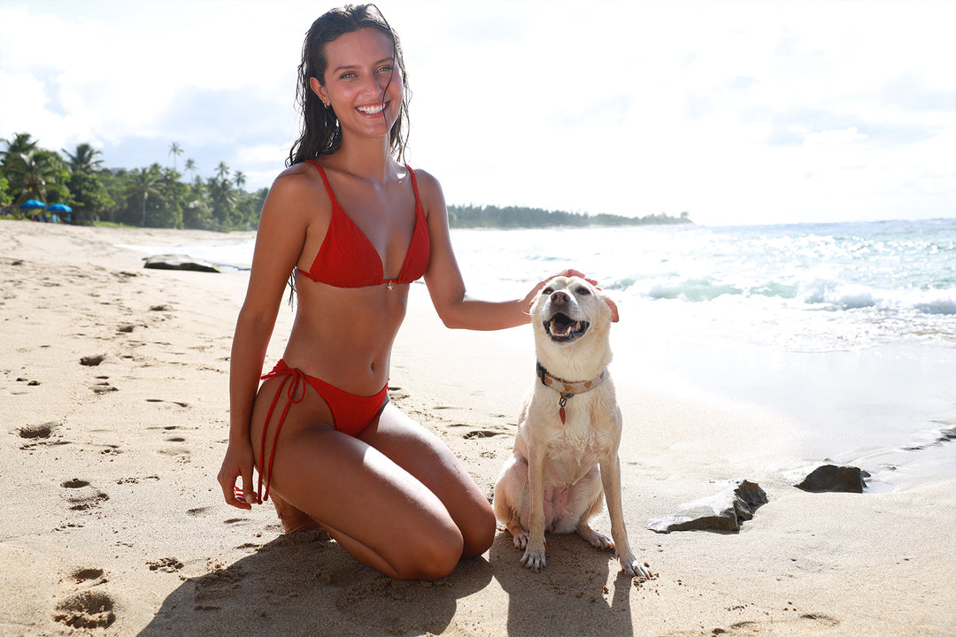 Ocean Jewel Cheeky Ruched Bikini Bottom - Ruby Red Texture